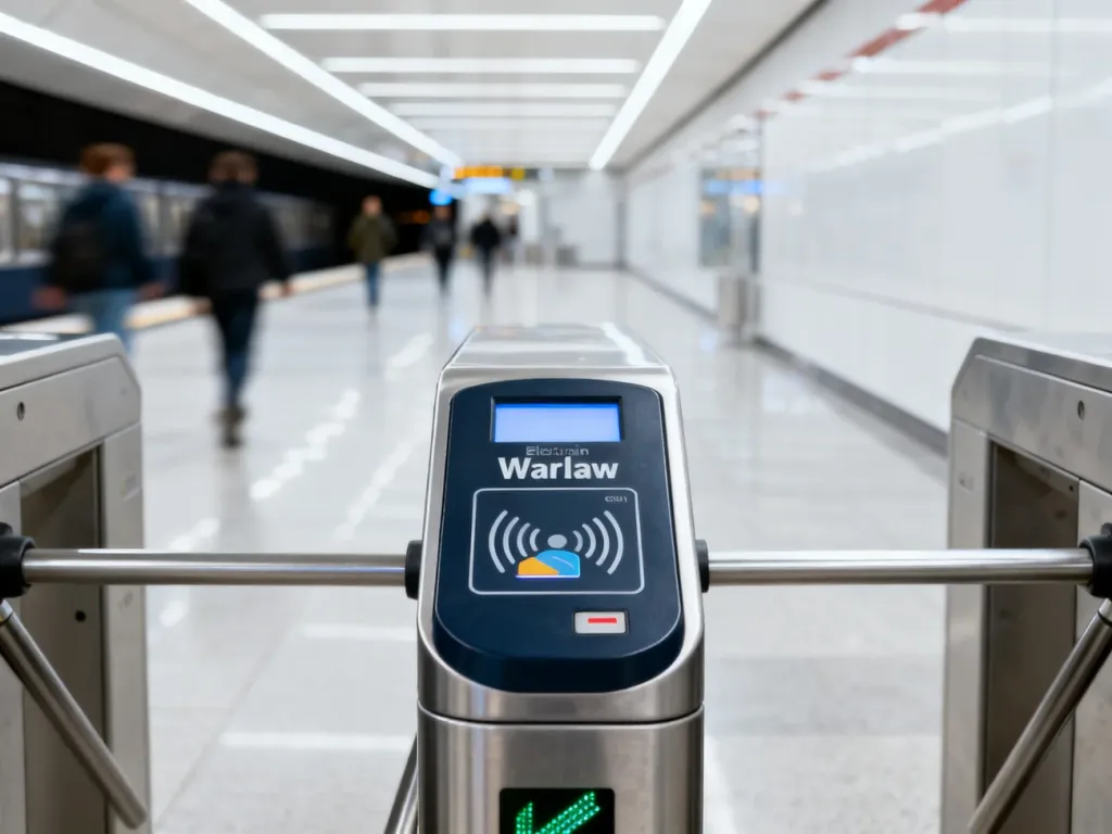 Elektroniczna bramka biletowa w warszawskim metrze z czytnikiem kart zbliżeniowych na tle peronu stacji.